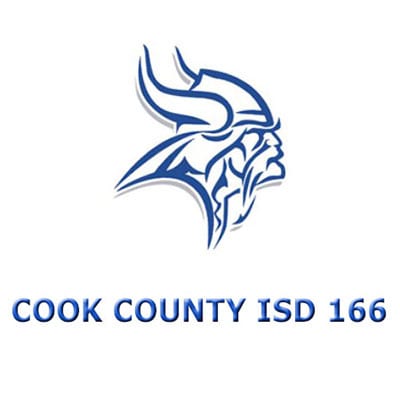 A viking head logo with blue outline and white fill with text "Cook County ISD 166" beneath the logo.